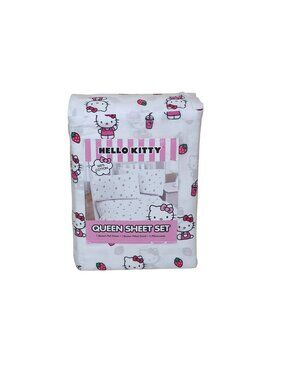 Hello Kitty Queen Sheet Set 100% Cotton Strawberry Milkshake & Hello Kitty Desig